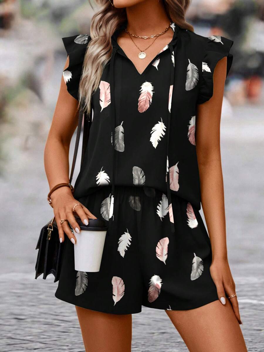 SHEIN LUNE 羽毛印花繫帶領荷葉邊上衣和短褲 - 黑色 - 查看 1