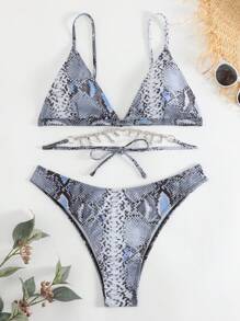 Summer Beach Snakeskin Print Rhinestone Decor Triangle Bikini Set - Multicolor - View 4