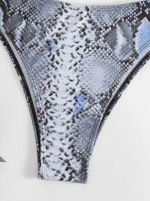 Summer Beach Snakeskin Print Rhinestone Decor Triangle Bikini Set - Multicolor - View 5