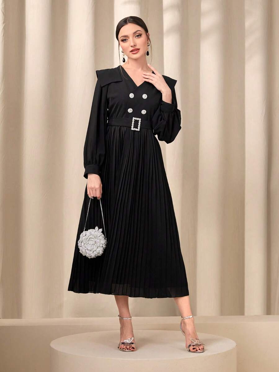 Modelyn 雙排釦百褶下擺繫腰帶洋裝 - 黑色 - 查看 1
