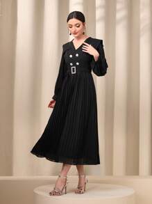 Modelyn 雙排釦百褶下擺繫腰帶洋裝 - 黑色 - 查看 3