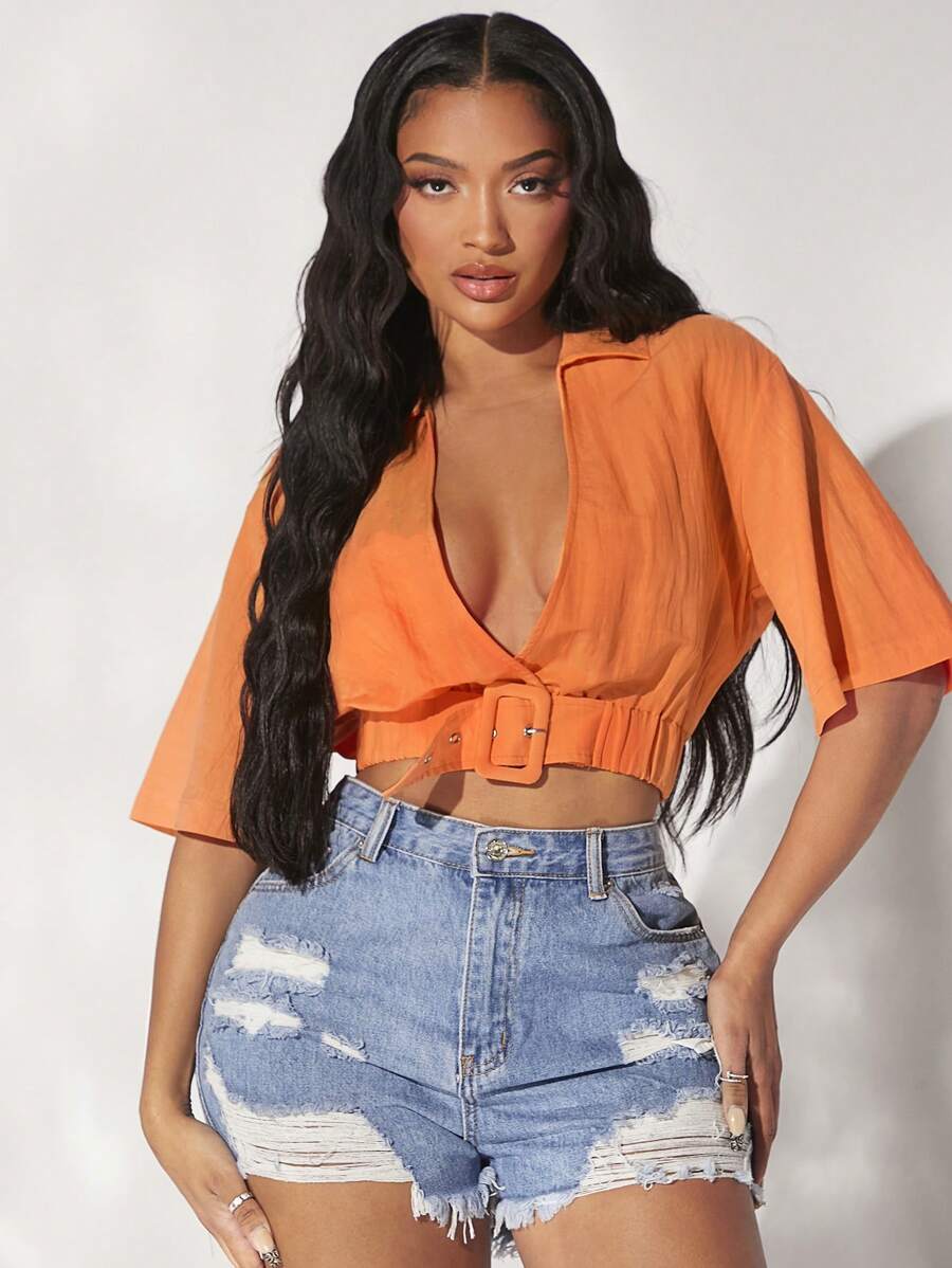 SHEIN SXY Solid Plunge Neck Buckle Front Crop Blouse - Orange - View 1