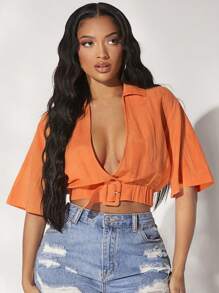 SHEIN SXY Solid Plunge Neck Buckle Front Crop Blouse - Orange - View 3