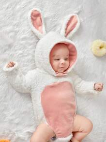 SHEIN 新生女嬰可愛舒適長袖連體衣帶兔耳帽秋冬