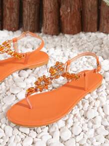 Phụ nữ Rhinestone Decor Thong Sandals, Dép quyến rũ - trái cam - Xem 4