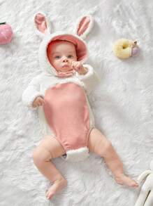 SHEIN 新生女嬰可愛舒適長袖連體衣帶兔耳帽秋冬