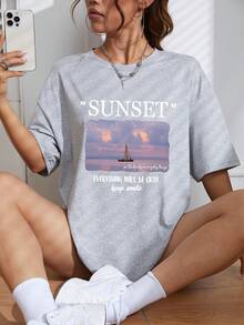 SHEIN EZwear 帆船&標語圖案落肩T恤 - 淺灰色 - 查看 4