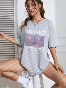 SHEIN EZwear 帆船&標語圖案落肩T恤 - 淺灰色 - 查看 5