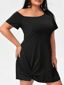 SHEIN Essnce 大碼休閒扭結純色連衣裙 - 黑色 - 查看 4