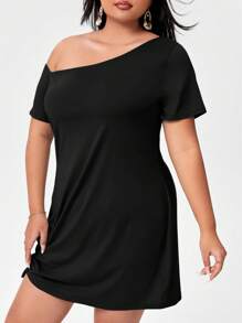 SHEIN Essnce 大碼休閒扭結純色連衣裙 - 黑色 - 查看 6