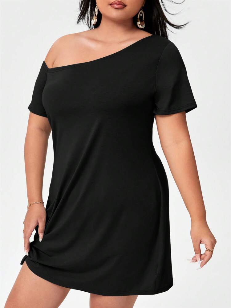 Plus Asymmetrical Neck Twist Hem Dress Black Off Shoulder Dressoff Shoulder Plus Sizeplain Plus Size Dressesplus Size Casual Dress Spring To Summer