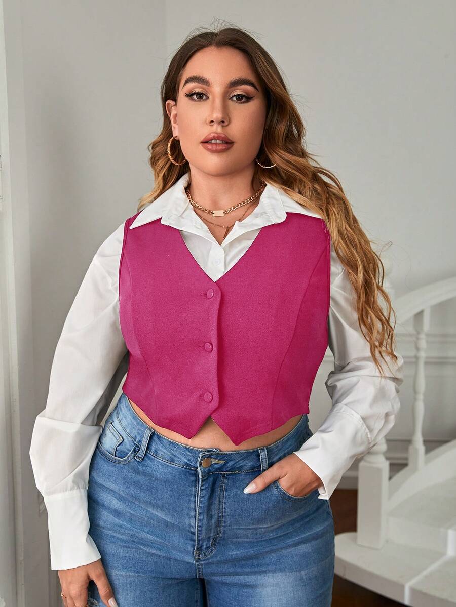 SHEIN Privé 大碼前紐扣馬甲不帶襯衫 - 玫紅色 - 查看 1