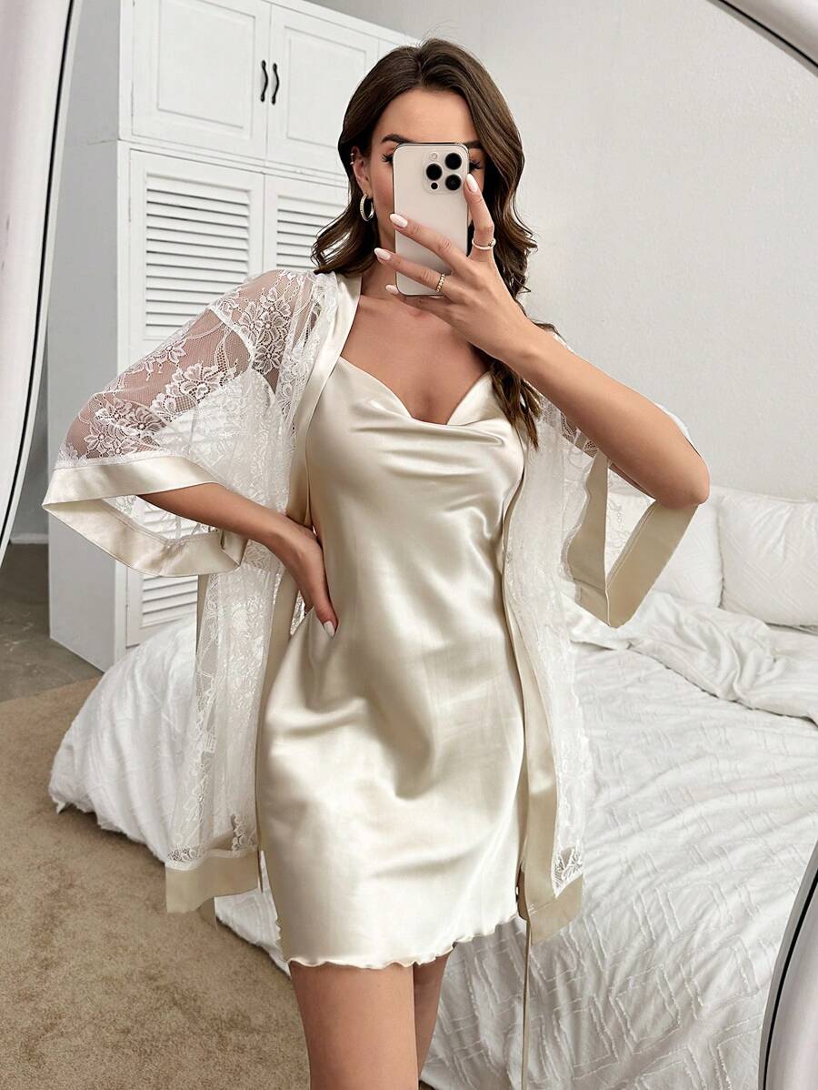 Bộ đồ ngủ Nữ Thắt lưng Tương phản ren màu trơn Tưởng tượng-Thanh lịch - Rượu sâm banh - Xem 1