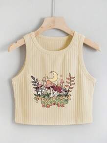 SHEIN EZwear 蘑菇圖案羅紋背心上衣 - 杏色 - 查看 1