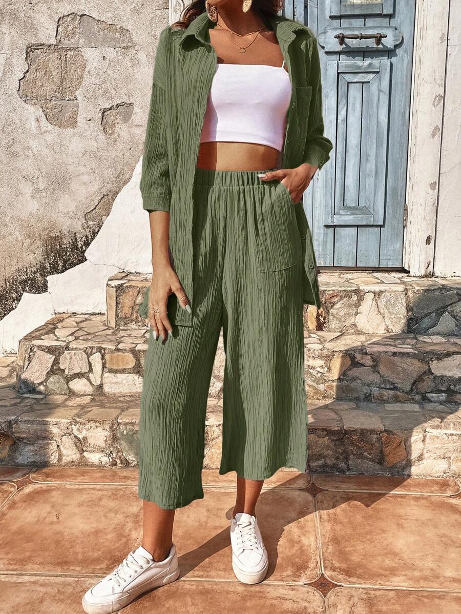 SHEIN Frenchy Solid Button Front Shirt & Wide Leg Capri Trousers - Army Green - View 1