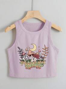 SHEIN EZwear Top tank con estampado de slogan & seta de canalé - Púrpura malva - Ver 1