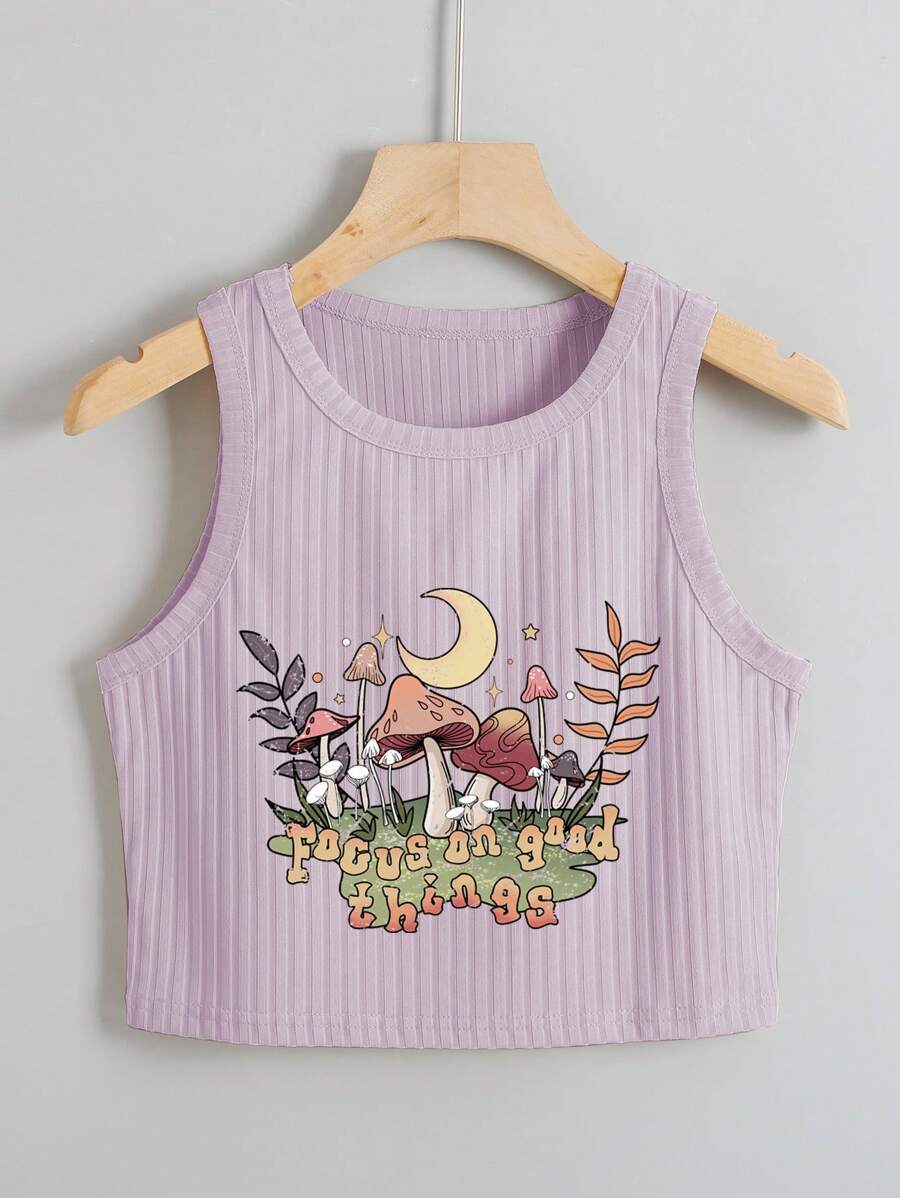 SHEIN EZwear Top tank con estampado de slogan & seta de canalé - Púrpura malva - Ver 1