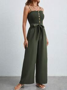 SHEIN Frenchy Áo liền quần nữ Thắt lưng Nút viền lá sen Dải chun màu trơn Giải trí - xanh quân đội - Xem 6