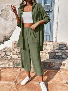 SHEIN Frenchy Solid Button Front Shirt & Wide Leg Capri Trousers - Army Green - View 5