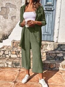 SHEIN Frenchy Solid Button Front Shirt & Wide Leg Capri Trousers - Army Green - View 6
