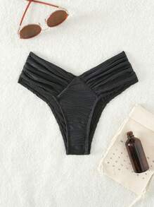 SHEIN Swim 褶饰紧身胸衣比基尼泳裤，适合夏季海滩度假 - 黑色 - 查看 1