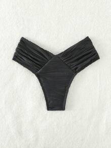 SHEIN Swim 褶饰紧身胸衣比基尼泳裤，适合夏季海滩度假 - 黑色 - 查看 2