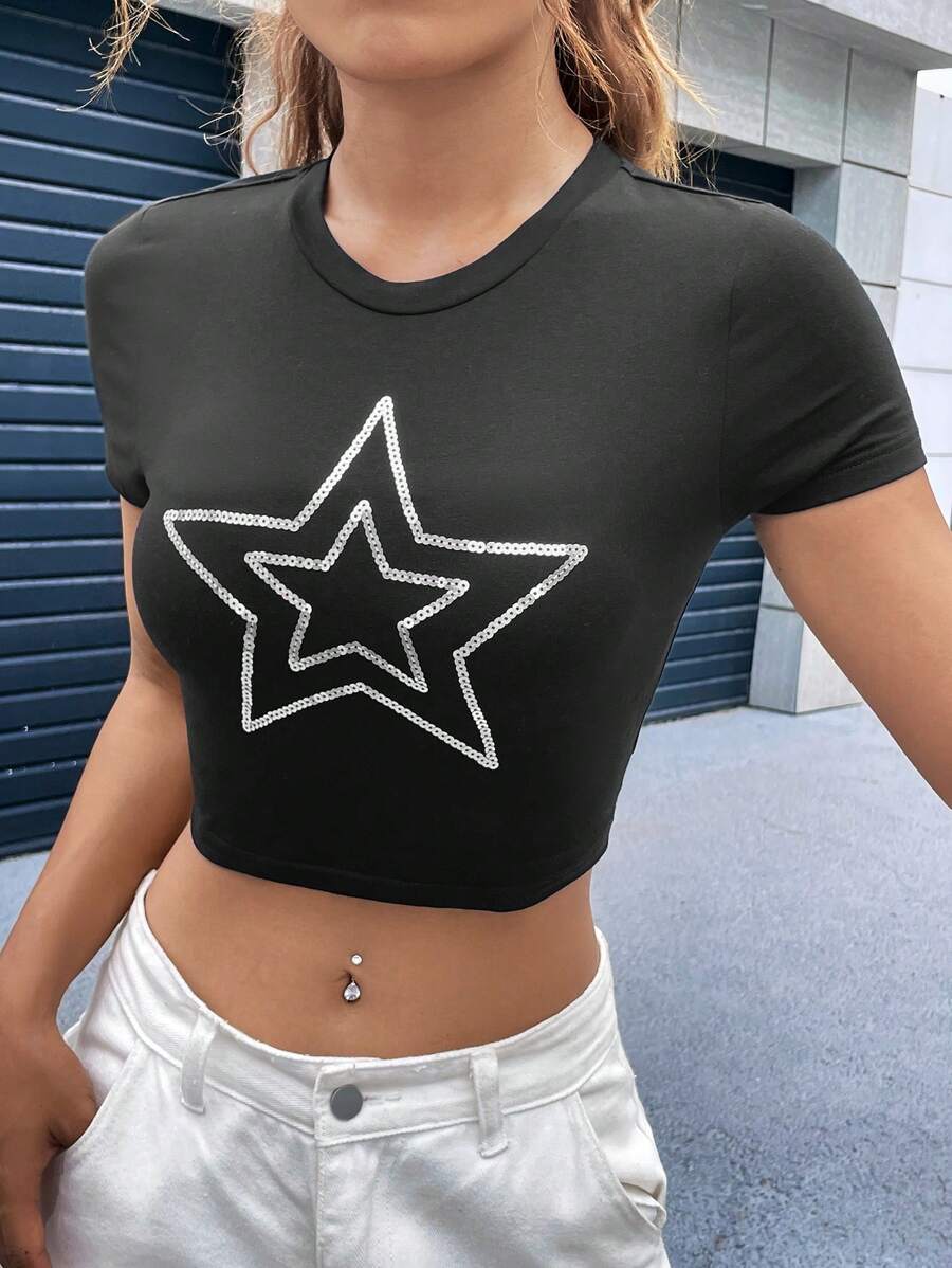 SHEIN EZwear 星星印花短款T恤 - 黑色 - 查看 1