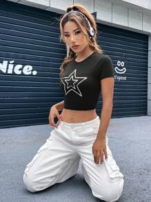 SHEIN EZwear 星星印花短款T恤 - 黑色 - 查看 3