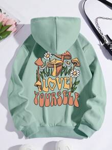 SHEIN EZwear Quần áo thể thao nữ Túi Dây kéo Hoa Slogan Giải trí - Màu xanh Bạc hà - Xem 1