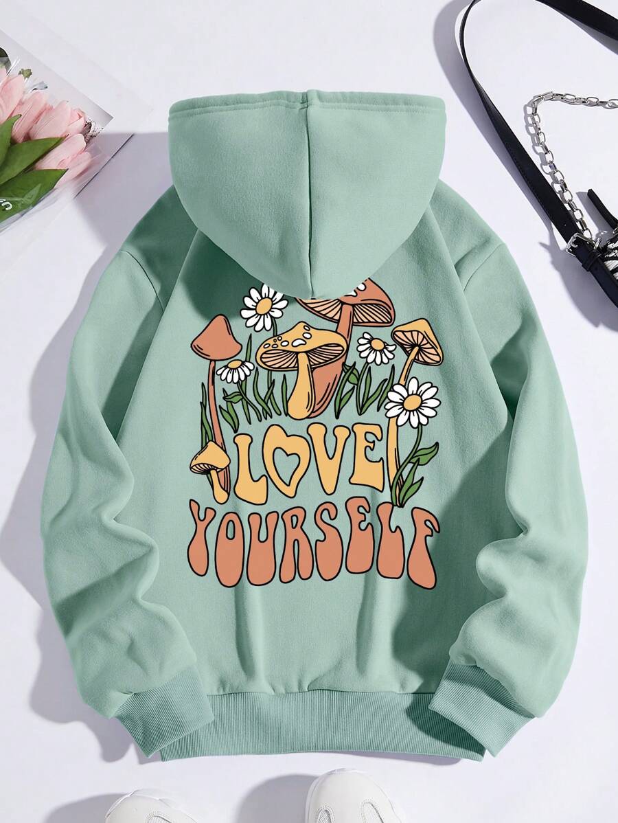 SHEIN EZwear Quần áo thể thao nữ Túi Dây kéo Hoa Slogan Giải trí - Màu xanh Bạc hà - Xem 1