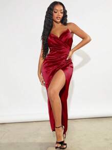 SHEIN SXY Vestido de tirantes unicolor cruzado de satén - Burdeos - Ver 4