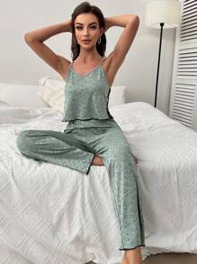 爱心网眼拼接吊带上衣和裤子睡衣套装 / 睡衣套装 - 綠色 - 查看 6