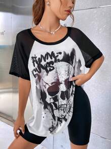 SHEIN EZwear Áo nữ Lễ Các Thánh Lá thư Giải trí - Đen và trắng - Xem 3