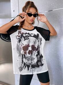 SHEIN EZwear Áo nữ Lễ Các Thánh Lá thư Giải trí - Đen và trắng - Xem 4