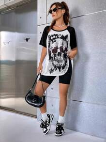 SHEIN EZwear Áo nữ Lễ Các Thánh Lá thư Giải trí - Đen và trắng - Xem 5