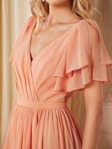 SHEIN Belle Vestido de dama de honor de manga mariposa de muslo con abertura - Naranja Coral - Ver 3