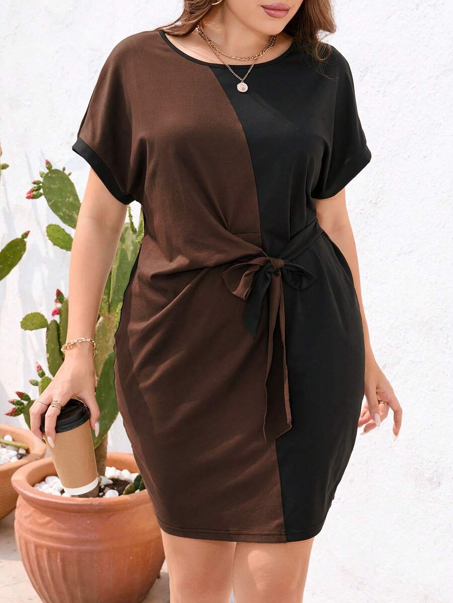 SHEIN LUNE Đầm Plus Size Thắt nút Thắt nơ trước Khối Màu Giải trí - Nhiều màu - Xem 1