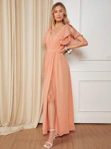 SHEIN Belle Vestido de dama de honor de manga mariposa de muslo con abertura - Naranja Coral - Ver 4