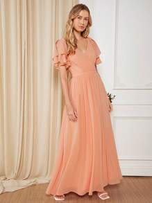 SHEIN Belle Vestido de dama de honor de manga mariposa de muslo con abertura - Naranja Coral - Ver 5