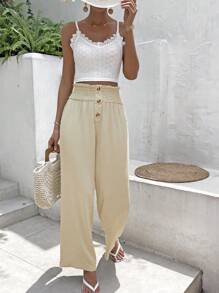 SHEIN Frenchy Bộ đồ hai mảnh nữ Dải chun Quần paper-bag Nút giả màu trơn Giải trí - Màu be - Xem 1