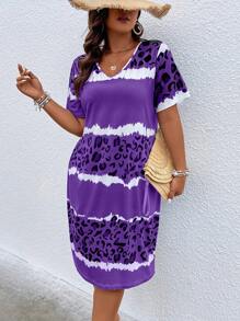 Plus Size Leopard Print V-Neck Dress, Summer