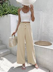 SHEIN Frenchy Bộ đồ hai mảnh nữ Dải chun Quần paper-bag Nút giả màu trơn Giải trí - Màu be - Xem 4