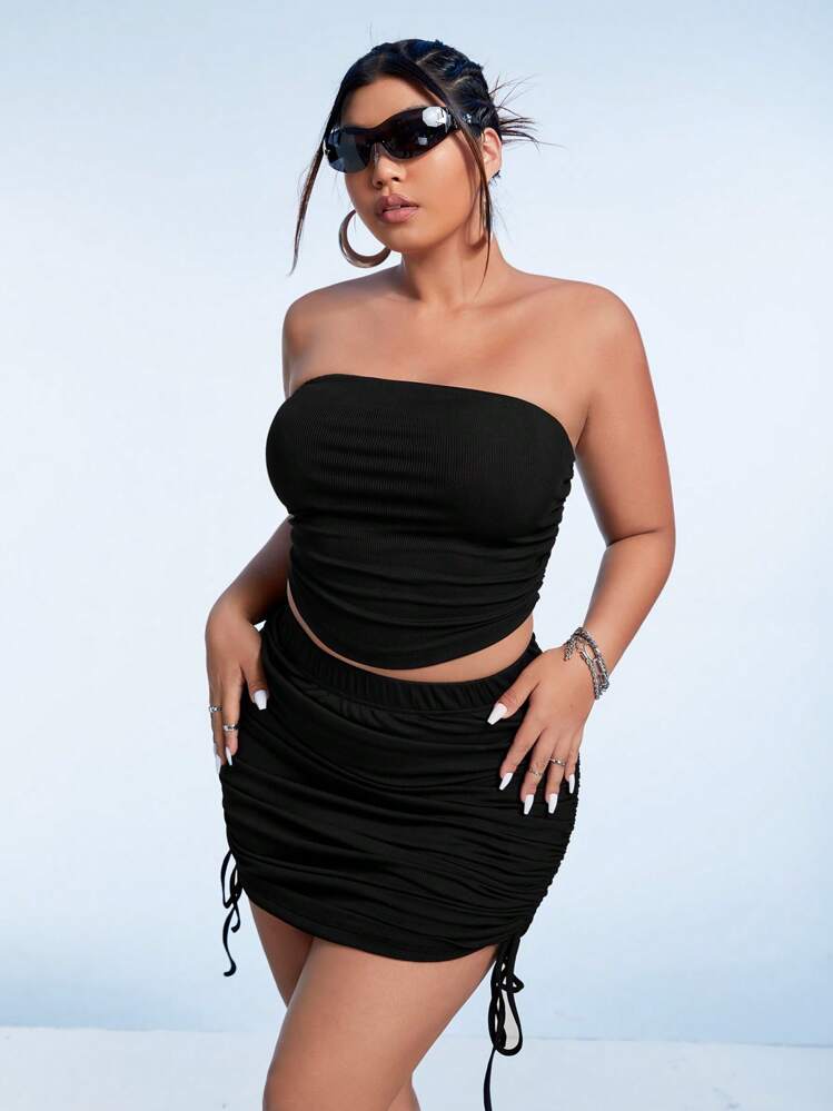 SHEIN ICON Plus Solid Tube Top & Drawstring Side Bodycon Skirt - Black - View 3