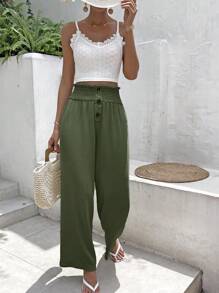 SHEIN Frenchy Solid Cami Top & Paperbag Waist Wide Leg Trousers - Army Green - View 1