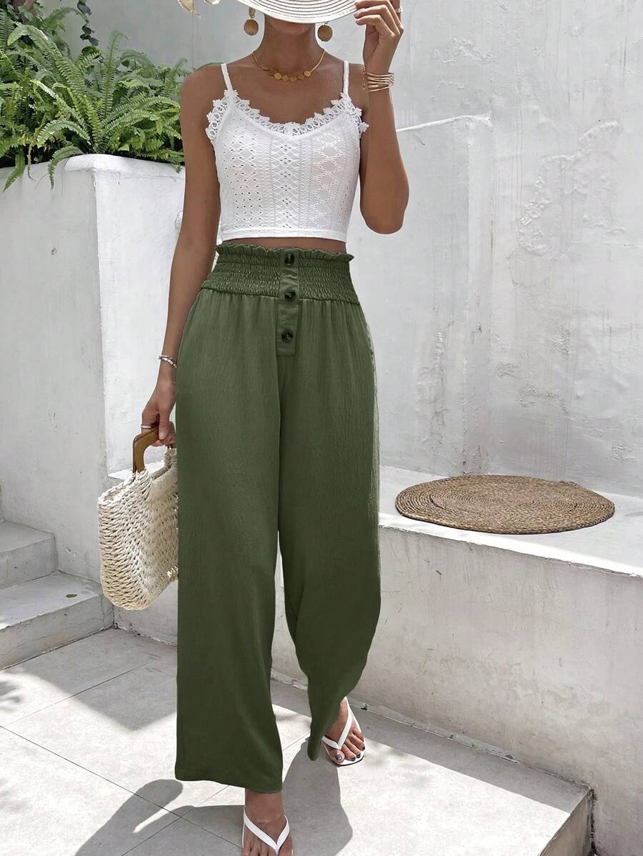 SHEIN Frenchy Solid Cami Top & Paperbag Waist Wide Leg Trousers - Army Green - View 1