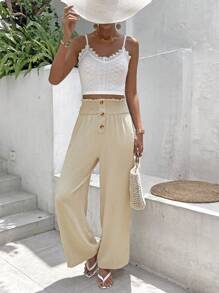 SHEIN Frenchy Bộ đồ hai mảnh nữ Dải chun Quần paper-bag Nút giả màu trơn Giải trí - Màu be - Xem 5