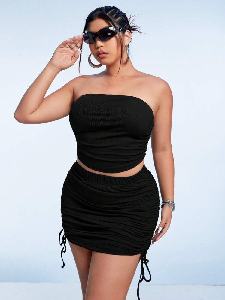 SHEIN ICON Plus Solid Tube Top & Drawstring Side Bodycon Skirt - Black - View 5