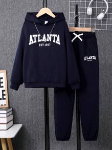 SHEIN 青少年男孩字母圖案連帽上衣＆束口運動長褲 - 藏蓝色 - 查看 1