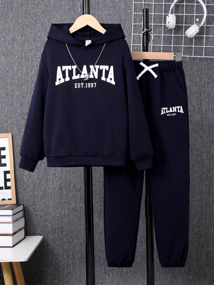 SHEIN 青少年男孩字母圖案連帽上衣＆束口運動長褲 - 藏蓝色 - 查看 1