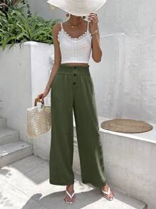 SHEIN Frenchy Solid Cami Top & Paperbag Waist Wide Leg Trousers - Army Green - View 5